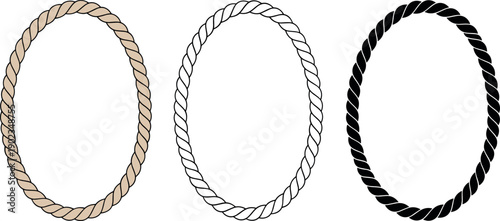 Rope oval loop illustration, twisted rope design, black silhouette artwork, white outline sketch, tan rope vector, nautical decorative pattern drawing