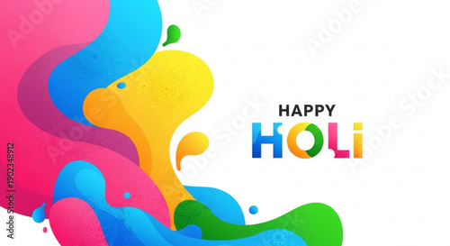 Vibrant holi celebration background with colorful splashes and happy holi text on white