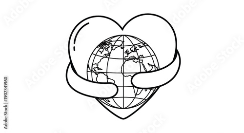 Globe line art with heart and hands embracing, minimalist black outline, symbol of global unity and peace, charity and kindness illustration featuring simple, graphic, earth with love and care
