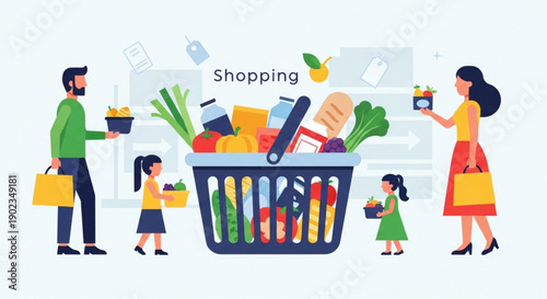 Family shopping with a large basket of groceries and various products