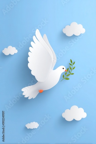 White Dove Symbolizing Peace And Hope In A Blue Sky With Clouds