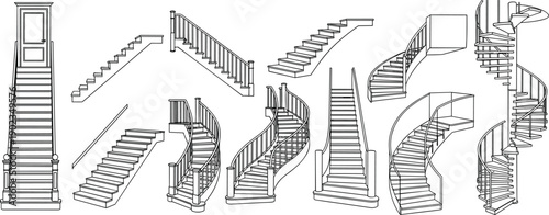 Staircase design illustration, architectural staircase vector, spiral stairs artwork, modern interior sketch, construction blueprint drawing, decorative stair outline, creative staircase art