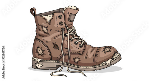 Old Worn Out Brown Leather Work Boot with Holes and Tattered Lining, Isolated Vector Illustration for Grunge or Vintage Concepts