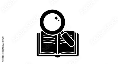 Open Book with Magnifying Glass Icon, Symbolizing Research, Study, and Discovery. Clean Vector Illustration for Educational and Information Concepts.