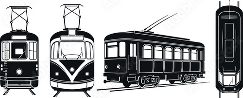 Tram illustration, streetcar vector art, transportation design, urban mobility drawing, vintage tram sketch, modern tram artwork, minimal line art, railway vehicle