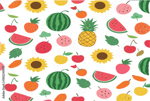Seamless colorful summer fruit pattern with watermelon pineapple cherries and citrus playful fresh vector illustration for textile design