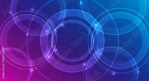 Glowing purple blue circles with sparkling lights on gradient background abstract technology concept