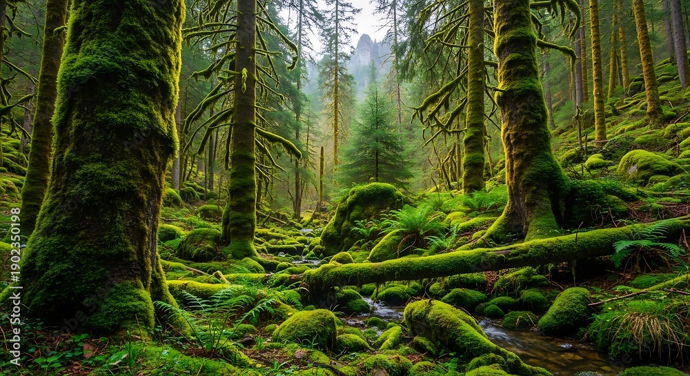 Obraz premium Lush green forest with moss covered trees and a stream.