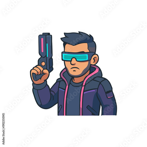 Cyberpunk man holding gun. Futuristic shooter character. Sci-fi armed pose
