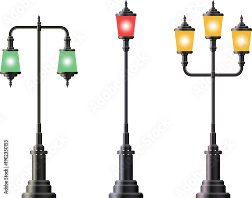 street lamps green, red, and amber illumination designs