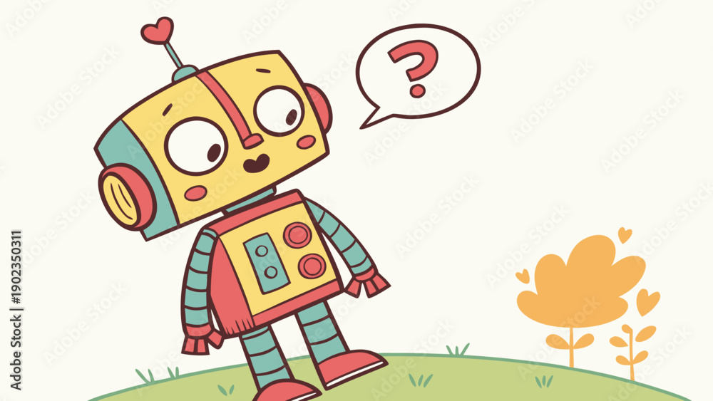 Naklejka premium A cartoon robot for children, with vibrant colors, a curious expression, and a simple, friendly design.