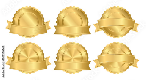 Realistic round gold medal template, mockup with award golden ribbon for warranty badge icon, guarantee, certification emblem and quality assurance seal isolated on white background. Vector EPS10