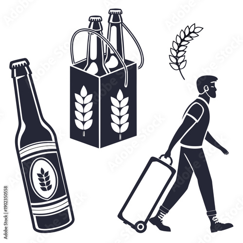 Traveler with luggage and beer bottles in a scenic countryside setting.