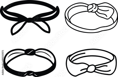 Set of various hairbands and headbands with bow details, collection of simple graphic accessories for hair decoration
