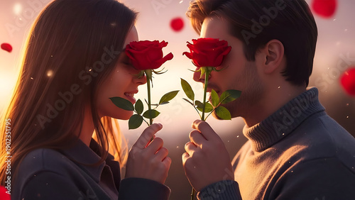 Couple sharing a romantic moment, holding red roses, close-up view in a dreamy atmosphere with floating hearts