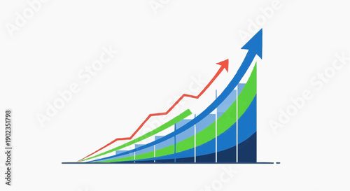 Colorful 3d bar graph with upward trending arrows showing growth and progress on transparent background