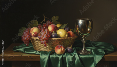 Ripe peach, grapes, lemon and figs in woven basket with reflective goblet on green silk, warm still life mood