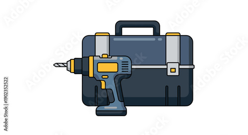 Blue and Yellow Power Drill Sitting in Front of a Dark Blue Toolbox for Construction and Repair Tools.