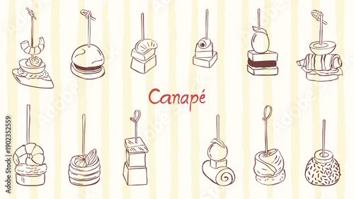 canape food - hand drawn doodle sketch drawing vector illustration collection set