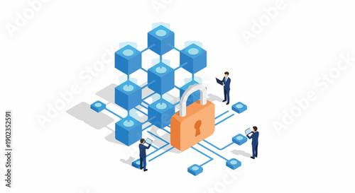 Isometric illustration of data security concept with padlock, blockchain network, and business people. Digital privacy and secure information technology.
