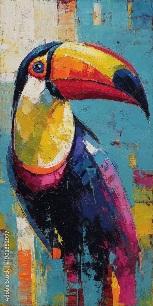 Fototapeta premium Colorful toucan painting with abstract textures and palette knife strokes