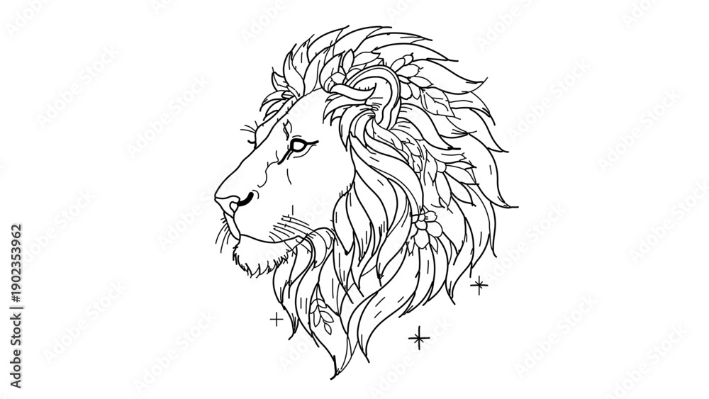 Obraz premium A minimalist line art illustration of a lion's head in profile, showcasing its majestic mane and regal expression.