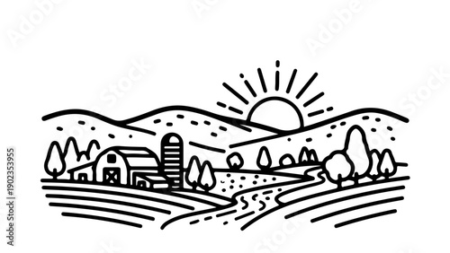 A minimalist vector illustration of a rural farm landscape at sunrise with a barn, silo, and rolling hills