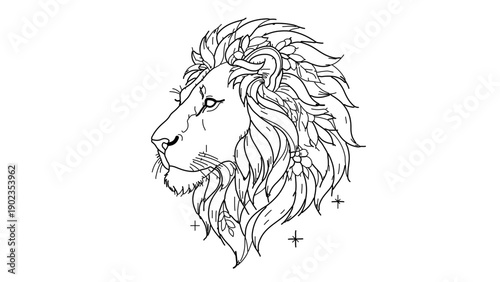 A minimalist line art illustration of a lion's head in profile, showcasing its majestic mane and regal expression.
