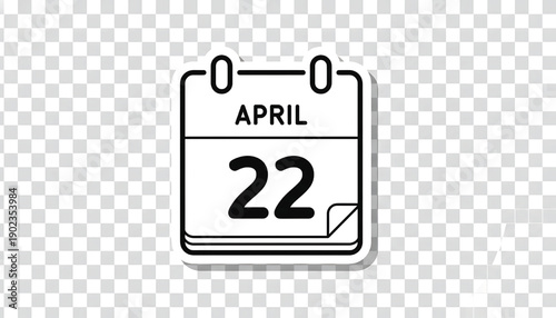 Calendar date icon with April 22 page flip design, black and white outline sticker style on transparent background, reminder schedule symbol for apps, UI and web