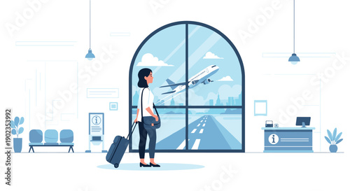 Woman with Suitcase at Airport Terminal Looking Out Window at Plane Taking Off