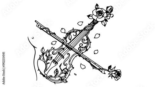 A delicate floral violin illustration with a rose and leaves in a minimalist line art style