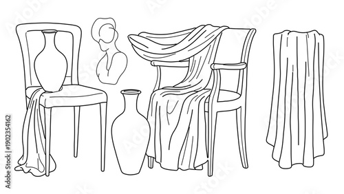 A minimalist line art illustration of chairs and vases with draped fabric