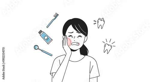 Woman Suffering from Toothache with Floating Dental Care Icons and Pain Symbols