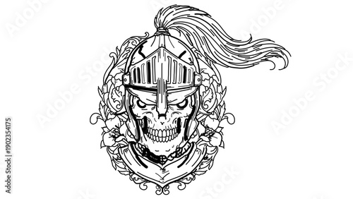 A black and white vector graphic illustration of a skull wearing a medieval knight's helmet with a flowing mane
