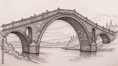 A detailed illustration of an old stone bridge with arches spanning a serene river