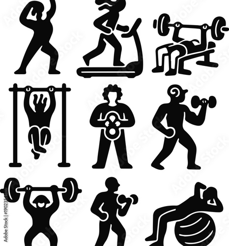 Surreal Black & White Gym Icons and creative Abstract Fitness Vector Set