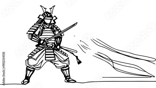 A samurai warrior in a dynamic pose with a sword and motion lines, depicted in a minimalist black and white vector illustration.