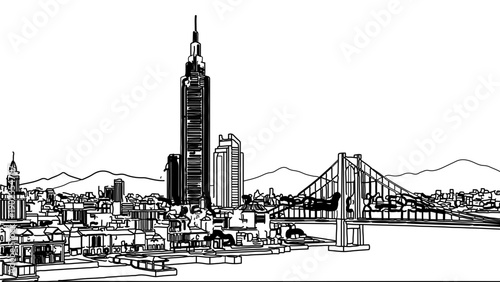 A black and white vector illustration of a city skyline with a bridge and skyscrapers