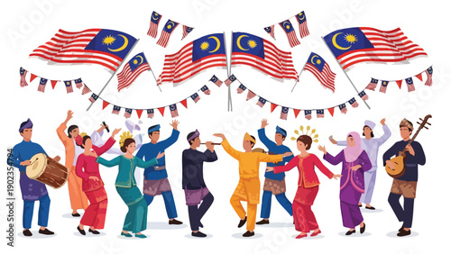 Diverse group of people in traditional Malaysian attire dancing and celebrating with flags and bunting on a white background.