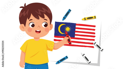 A cheerful young boy drawing the Malaysian flag on a whiteboard with colorful markers on a clean white background.
