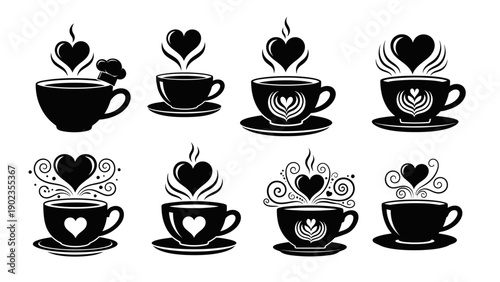 set of coffee cups and mugs with heart steam and latte art designs symbolizing love and romance in silhouette style for cafe and beverage themes