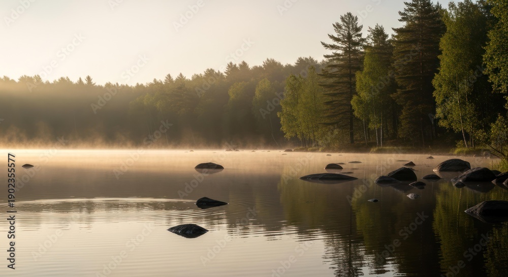 Fototapeta premium Peaceful lake view with fog and forest in the early morning light
