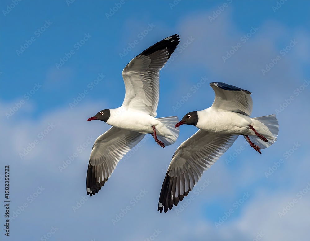 Obraz premium Two seagulls soaring in a bright blue sky with white fluffy clouds