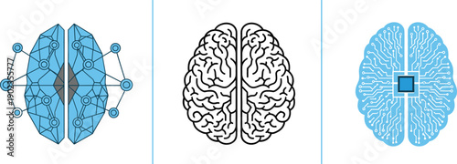 Vector illustration set of Humain brain concepts featuring a neural network, line art, and artificial intelligence circuit board