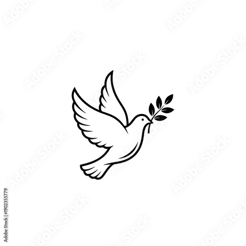 Dove with olive tree branch, black vector. International day of peace, charity. Easter religious service, good friday and palm sunday symbol. Peaceful intentions sign