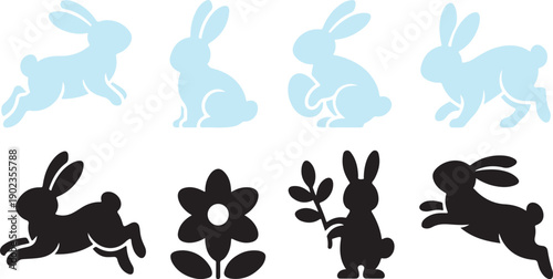 Various light blue and black silhouette icons featuring bunnies, a flower, and a rabbit holding a branch