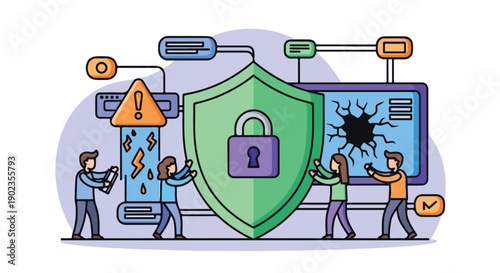 Cybersecurity concept with team protecting a shield with lock, preventing data breach and system failure