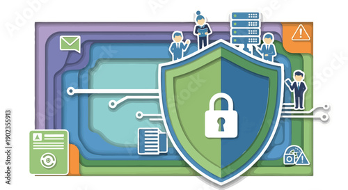Digital security and data protection concept with shield, lock, network and business people icons, cybersecurity illustration