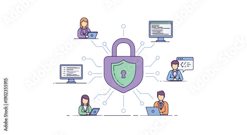 Cybersecurity concept illustration with a central padlock and shield surrounded by people working on laptops and computers