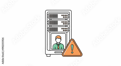 Server rack with user icon and warning sign, concept for data center security breach, system error, or IT alert